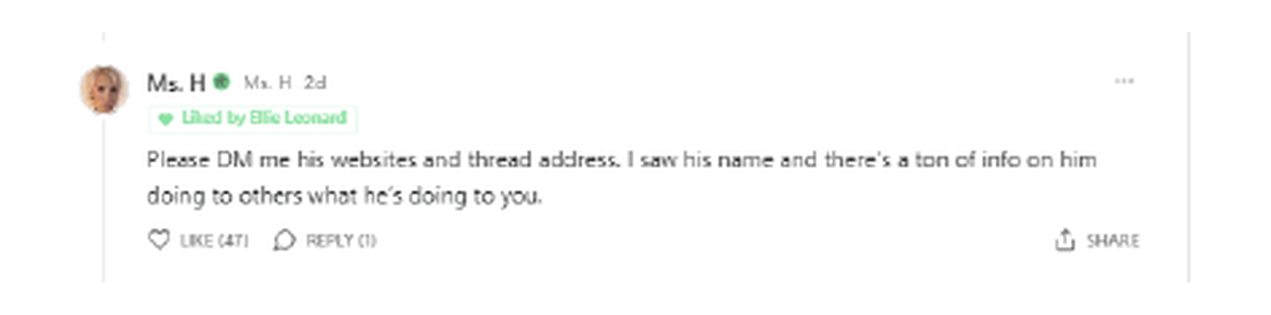 Comment asking Ellie to privately send the man's websites and Threads address, visibly liked by Ellie Leonard
